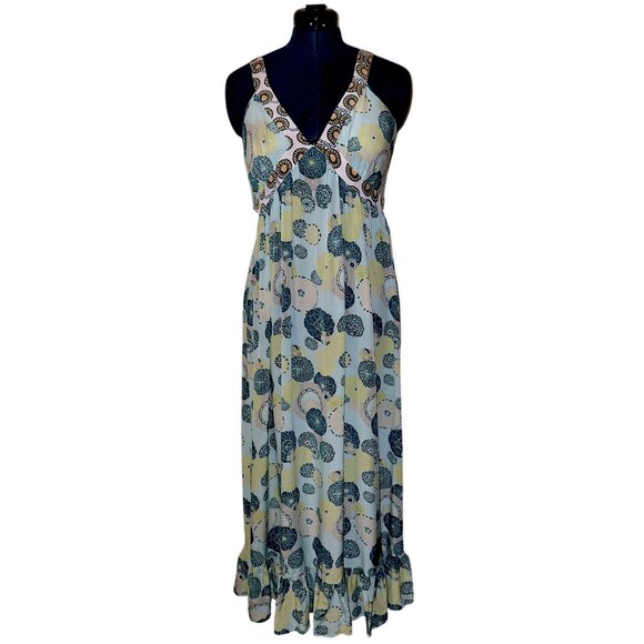 Hanna G. Womens Dress L Blue & Green 100% Silk Maxi Circle Print Fairy Resort - Picture 1 of 5